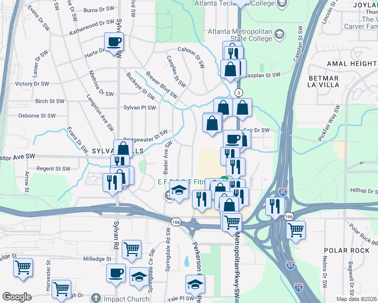 map of restaurants, bars, coffee shops, grocery stores, and more near 1929 Brewer Boulevard Southwest in Atlanta