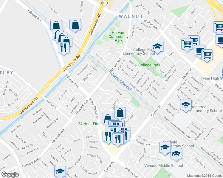 map of restaurants, bars, coffee shops, grocery stores, and more near 56 Riverstone in Irvine