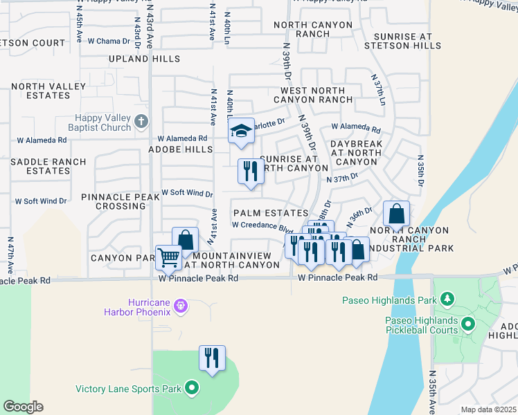 map of restaurants, bars, coffee shops, grocery stores, and more near 4034 West Avenida Del Sol in Glendale