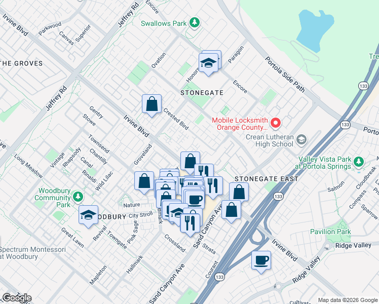 map of restaurants, bars, coffee shops, grocery stores, and more near 2201 Mirasol in Irvine