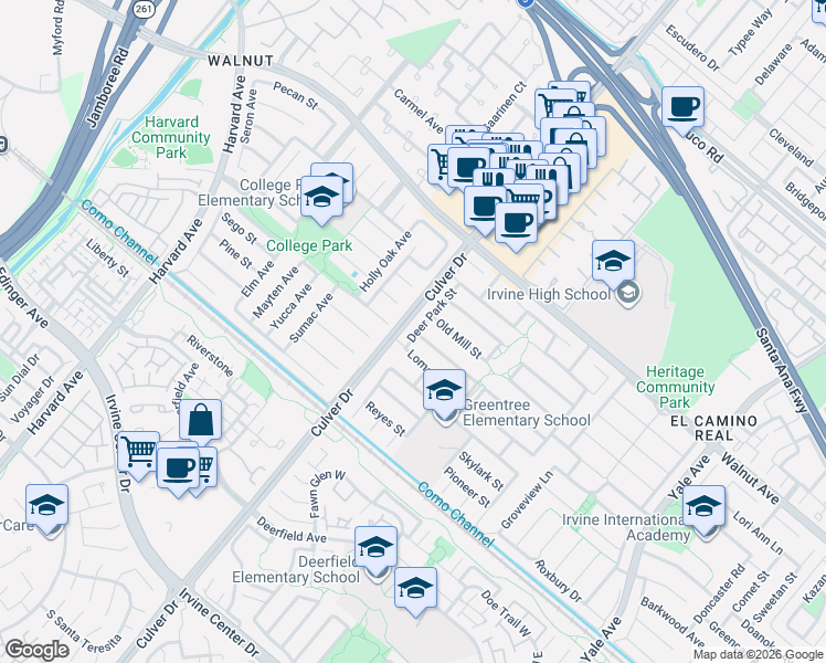 map of restaurants, bars, coffee shops, grocery stores, and more near 3981 Acacia Street in Irvine