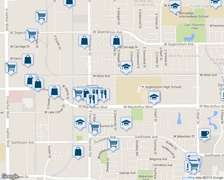 map of restaurants, bars, coffee shops, grocery stores, and more near 2606 West Curie Avenue in Santa Ana