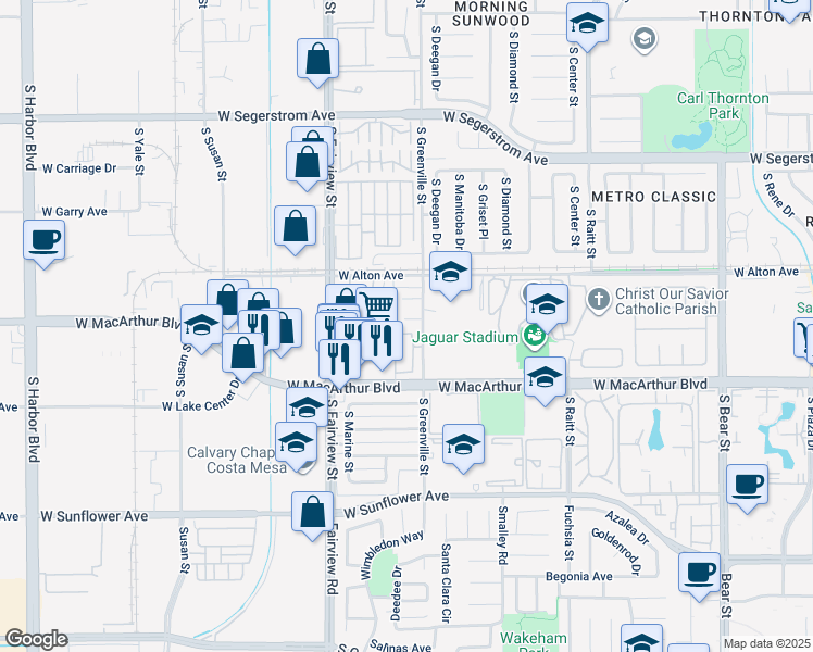 map of restaurants, bars, coffee shops, grocery stores, and more near 2606 West Curie Avenue in Santa Ana