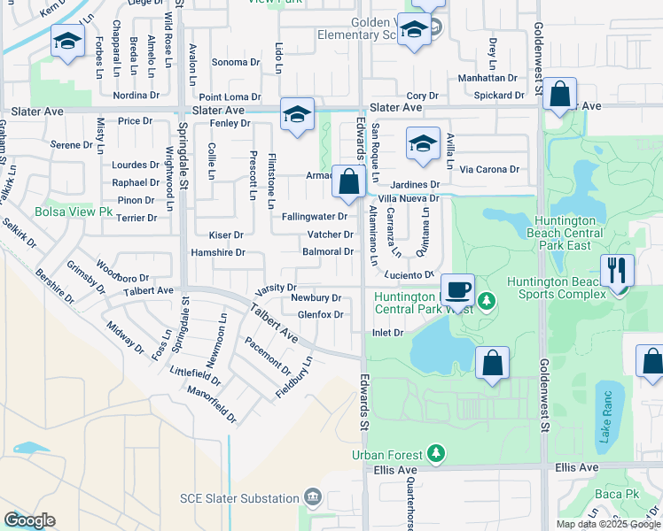 map of restaurants, bars, coffee shops, grocery stores, and more near 17912 Skye Lane in Huntington Beach