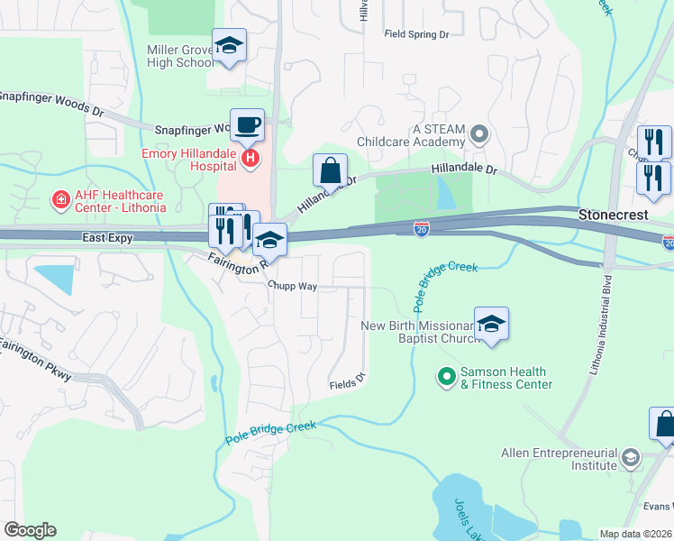 map of restaurants, bars, coffee shops, grocery stores, and more near 5084 Chupp Way Circle in Stonecrest