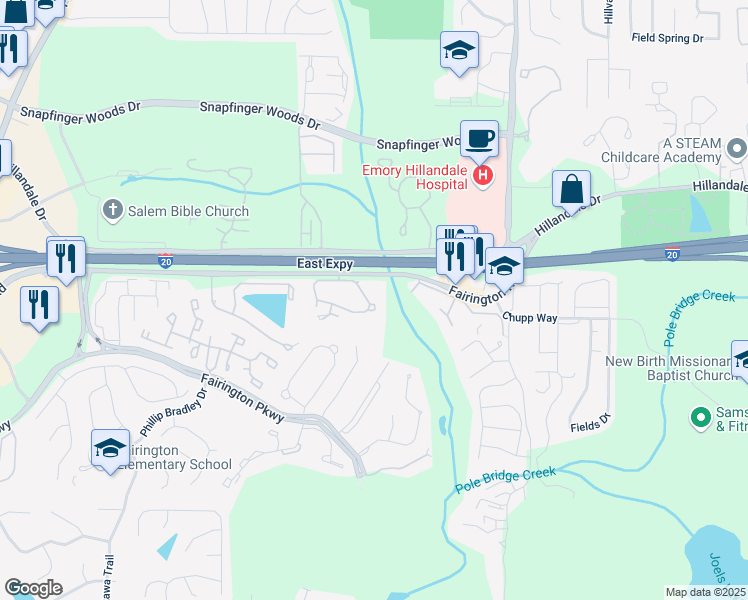 map of restaurants, bars, coffee shops, grocery stores, and more near 105 Willowick Drive in Stonecrest