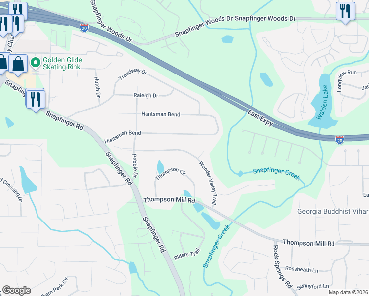 map of restaurants, bars, coffee shops, grocery stores, and more near 4568 Wonder Valley Trail in Decatur