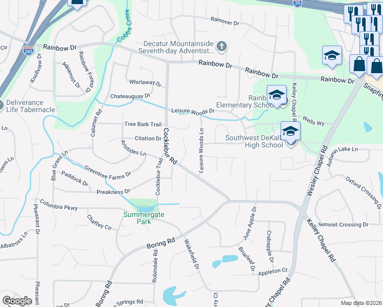 map of restaurants, bars, coffee shops, grocery stores, and more near 2863 Leisure Woods Lane in Decatur