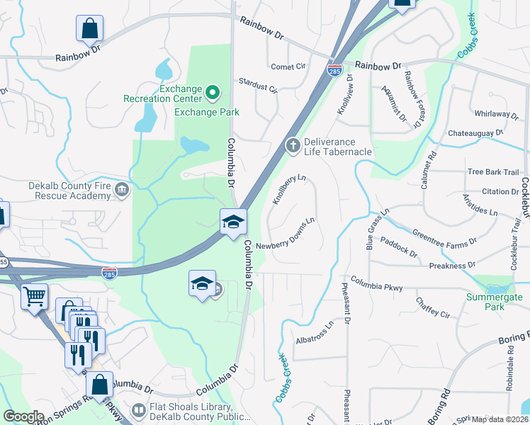 map of restaurants, bars, coffee shops, grocery stores, and more near 2877 Knollberry Lane in Decatur