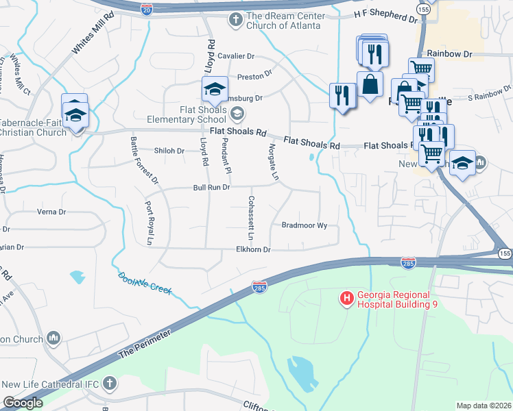 map of restaurants, bars, coffee shops, grocery stores, and more near 2888 Cohassett Lane in Decatur