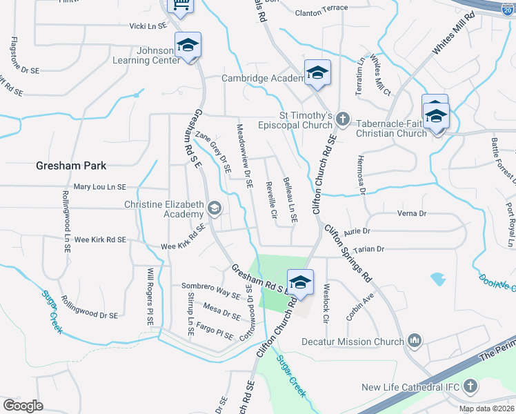 map of restaurants, bars, coffee shops, grocery stores, and more near 2898 Meadowview Drive Southeast in Atlanta