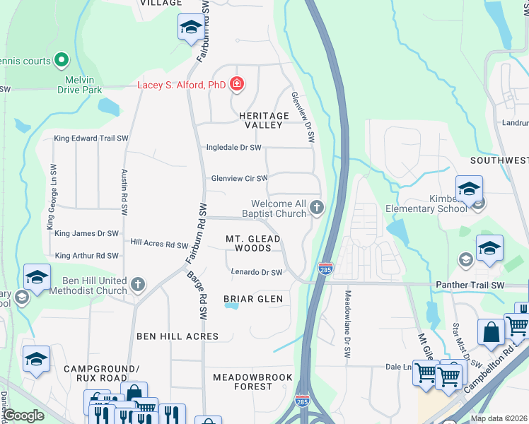 map of restaurants, bars, coffee shops, grocery stores, and more near 1969 Valley Ridge Drive Southwest in Atlanta