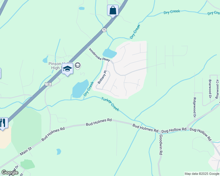 map of restaurants, bars, coffee shops, grocery stores, and more near 6908 Brittany Lane in Pinson