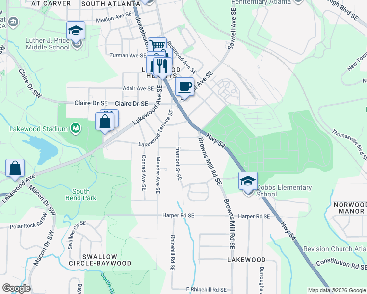 map of restaurants, bars, coffee shops, grocery stores, and more near 338 Troy Street Southeast in Atlanta