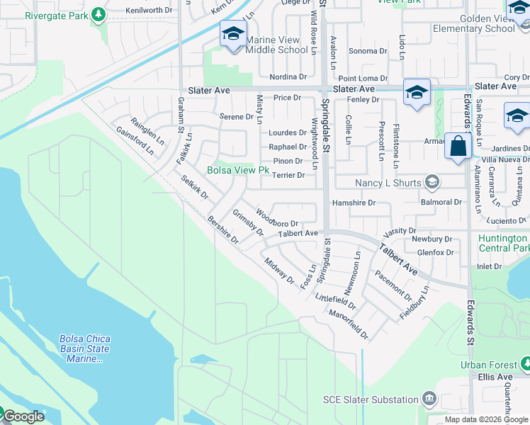 map of restaurants, bars, coffee shops, grocery stores, and more near 17941 Oldglen Lane in Huntington Beach