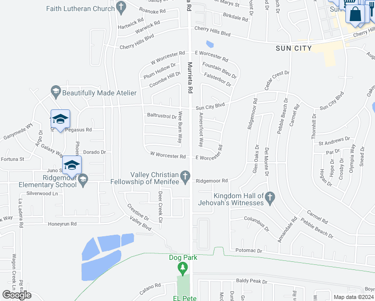 map of restaurants, bars, coffee shops, grocery stores, and more near 28851 Murrieta Road in Menifee
