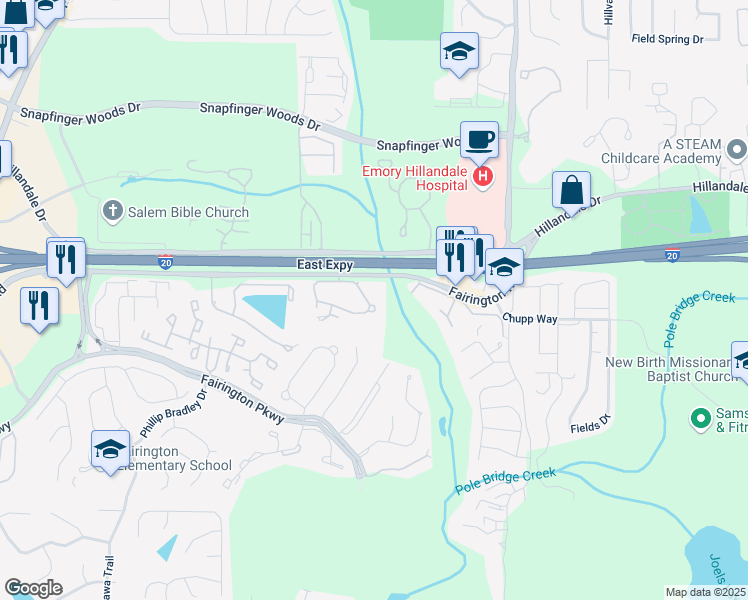 map of restaurants, bars, coffee shops, grocery stores, and more near 105 Willowick Drive in Stonecrest