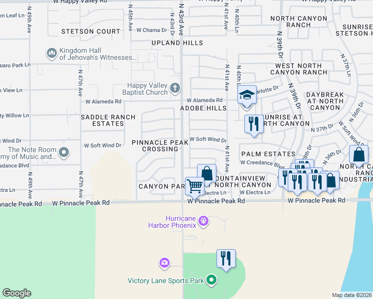 map of restaurants, bars, coffee shops, grocery stores, and more near 23802 North 42nd Drive in Glendale