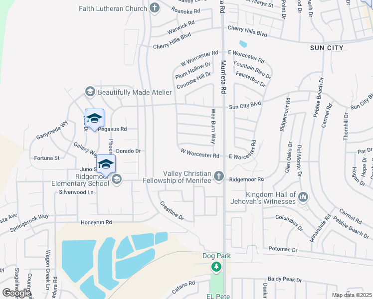 map of restaurants, bars, coffee shops, grocery stores, and more near 28868 West Worcester Road in Menifee