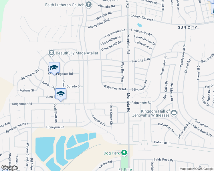 map of restaurants, bars, coffee shops, grocery stores, and more near 28868 West Worcester Road in Menifee