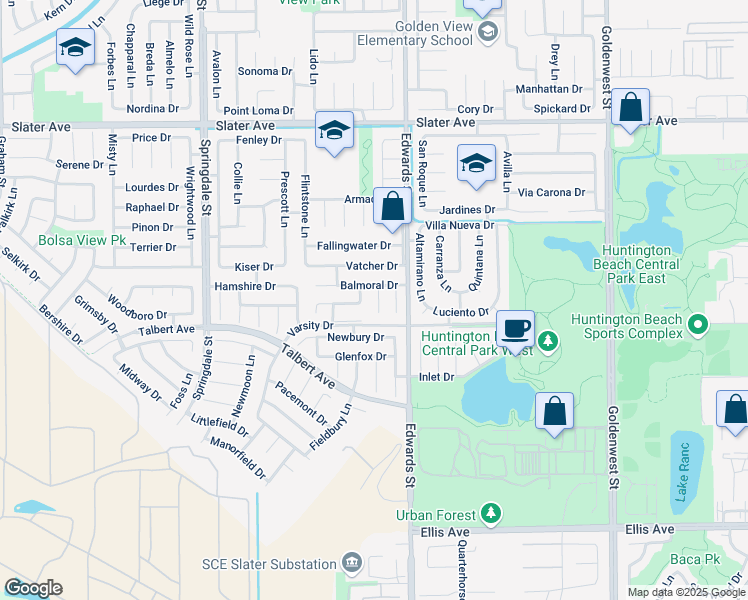 map of restaurants, bars, coffee shops, grocery stores, and more near 17912 Skye Lane in Huntington Beach