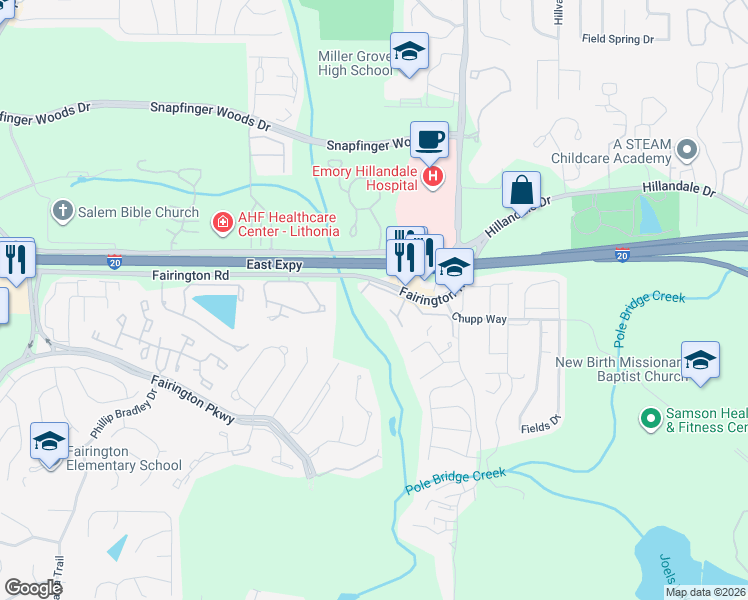 map of restaurants, bars, coffee shops, grocery stores, and more near 165 Tiburon Drive in Stonecrest