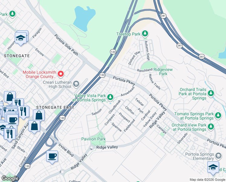 map of restaurants, bars, coffee shops, grocery stores, and more near in Irvine