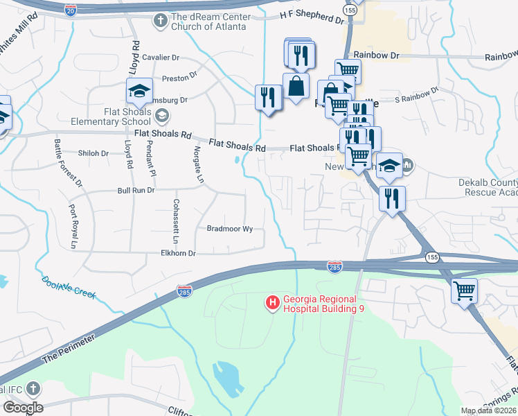map of restaurants, bars, coffee shops, grocery stores, and more near 2834 Elkhorn Drive in Decatur