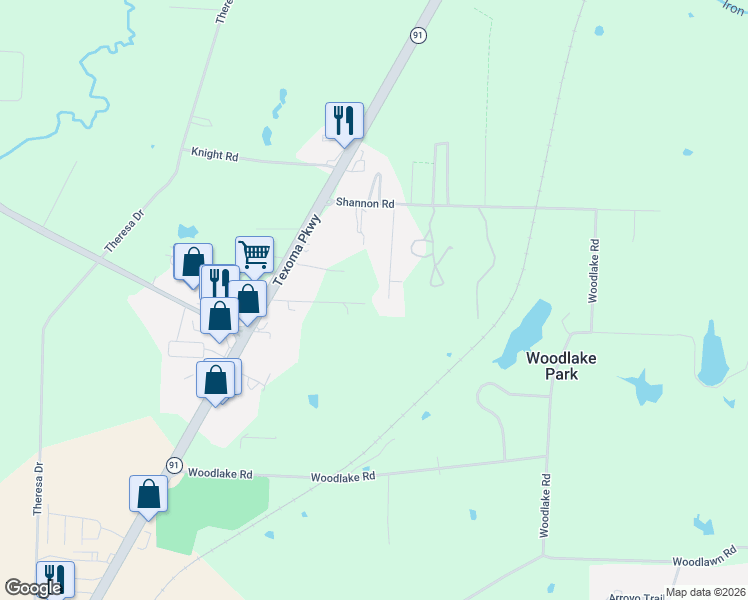 map of restaurants, bars, coffee shops, grocery stores, and more near 4819 Pinnacle Place in Denison