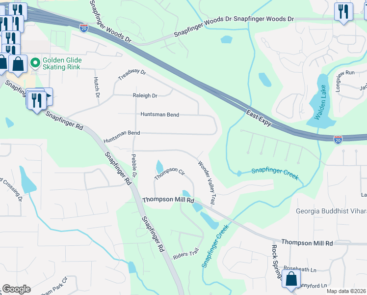 map of restaurants, bars, coffee shops, grocery stores, and more near 4568 Wonder Valley Trail in Decatur