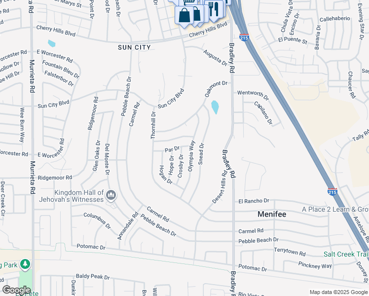 map of restaurants, bars, coffee shops, grocery stores, and more near 26708 Par Drive in Menifee