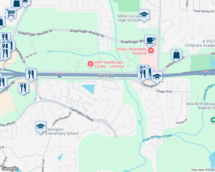 map of restaurants, bars, coffee shops, grocery stores, and more near 34 Willowick Drive in Stonecrest