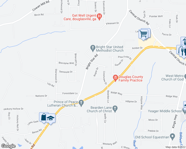 map of restaurants, bars, coffee shops, grocery stores, and more near 4 Roper Drive in Douglasville