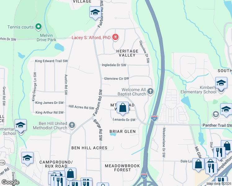 map of restaurants, bars, coffee shops, grocery stores, and more near 3521 Mount Gilead Road Southwest in Atlanta