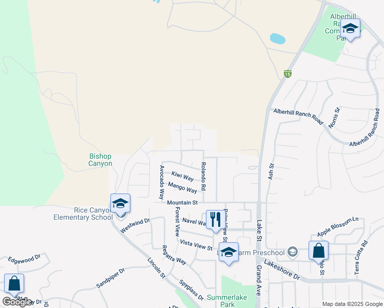 map of restaurants, bars, coffee shops, grocery stores, and more near 16508 Running Deer Road in Lake Elsinore