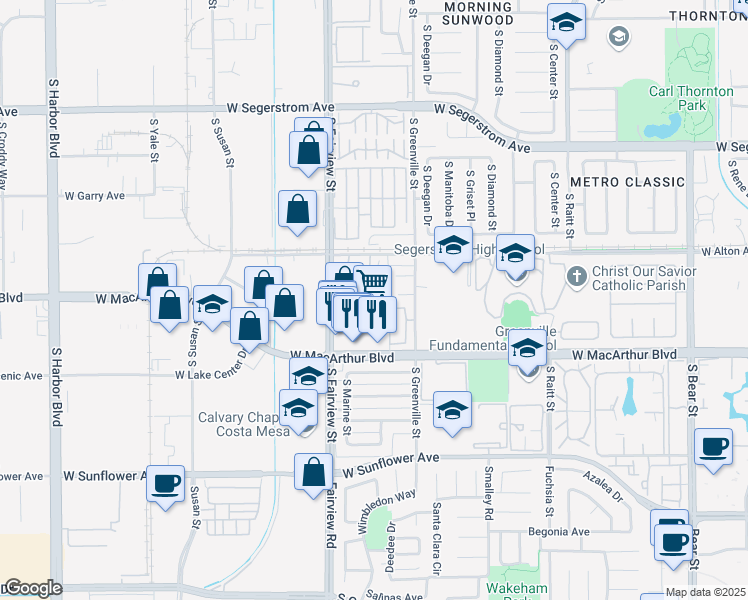 map of restaurants, bars, coffee shops, grocery stores, and more near 3474 Aries Court in Santa Ana