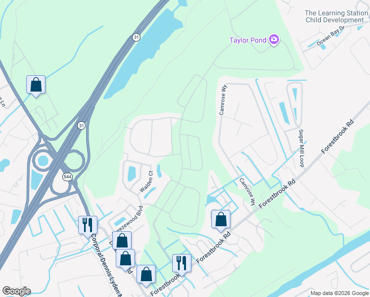 map of restaurants, bars, coffee shops, grocery stores, and more near 7018 Walden Court in Myrtle Beach