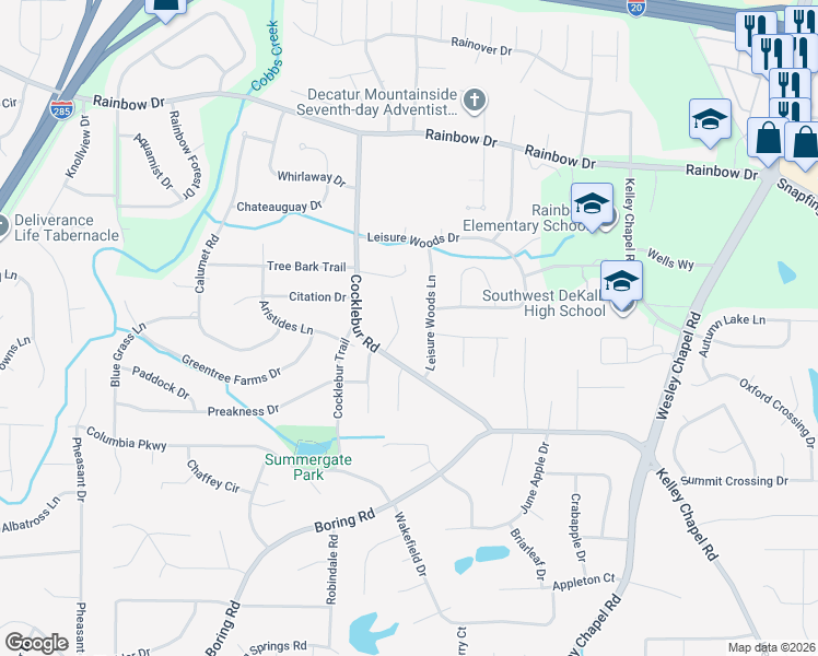 map of restaurants, bars, coffee shops, grocery stores, and more near 2863 Leisure Woods Lane in Decatur