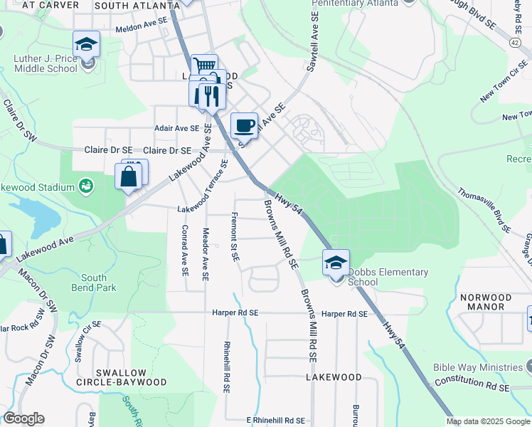 map of restaurants, bars, coffee shops, grocery stores, and more near 1909 Browns Mill Road Southeast in Atlanta