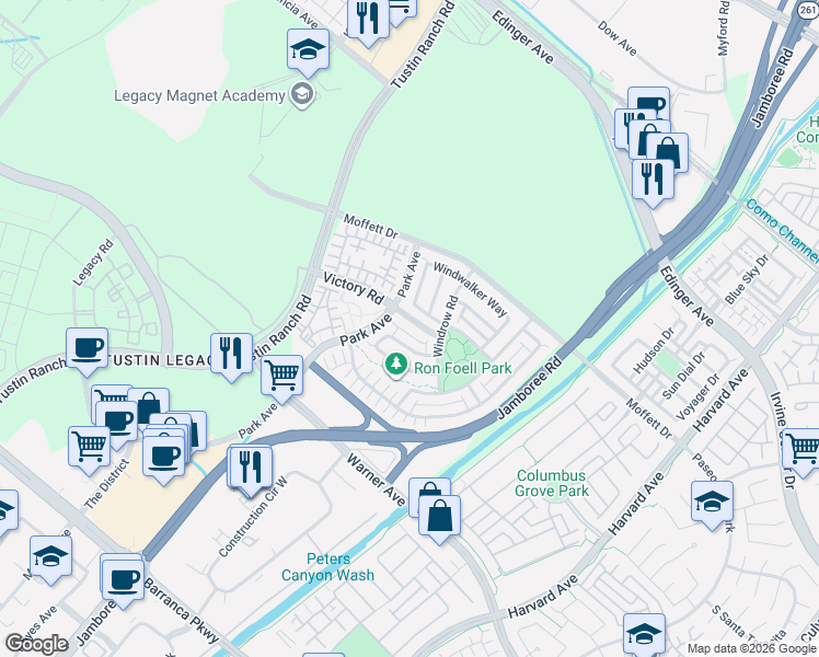 map of restaurants, bars, coffee shops, grocery stores, and more near 15 Victory Road in Tustin