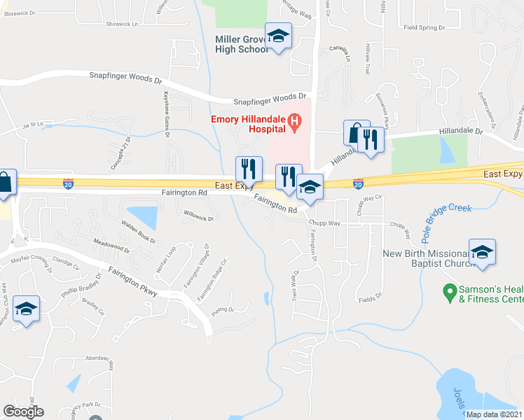 map of restaurants, bars, coffee shops, grocery stores, and more near 167 Tiburon Drive in Lithonia