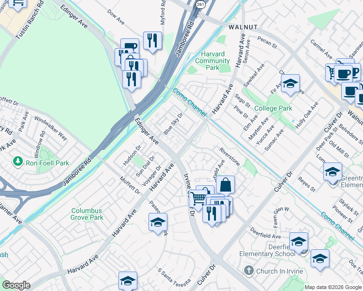 map of restaurants, bars, coffee shops, grocery stores, and more near 341 Flyers Lane in Tustin