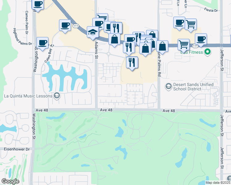 map of restaurants, bars, coffee shops, grocery stores, and more near 47750 Adams Street in La Quinta
