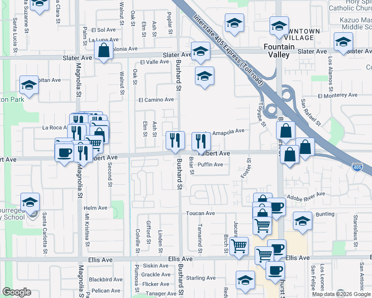 map of restaurants, bars, coffee shops, grocery stores, and more near 9526 Acklay Circle in Fountain Valley