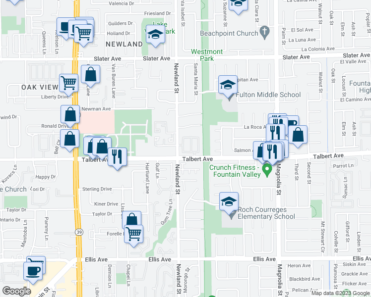 map of restaurants, bars, coffee shops, grocery stores, and more near 17952 Point Reyes Street in Fountain Valley