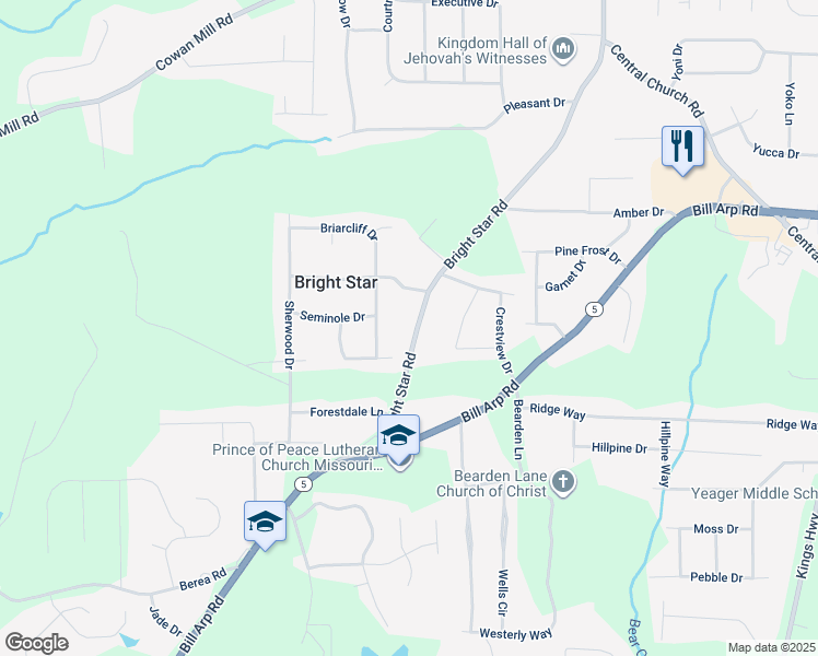 map of restaurants, bars, coffee shops, grocery stores, and more near 3841 Bright Star Road in Douglasville