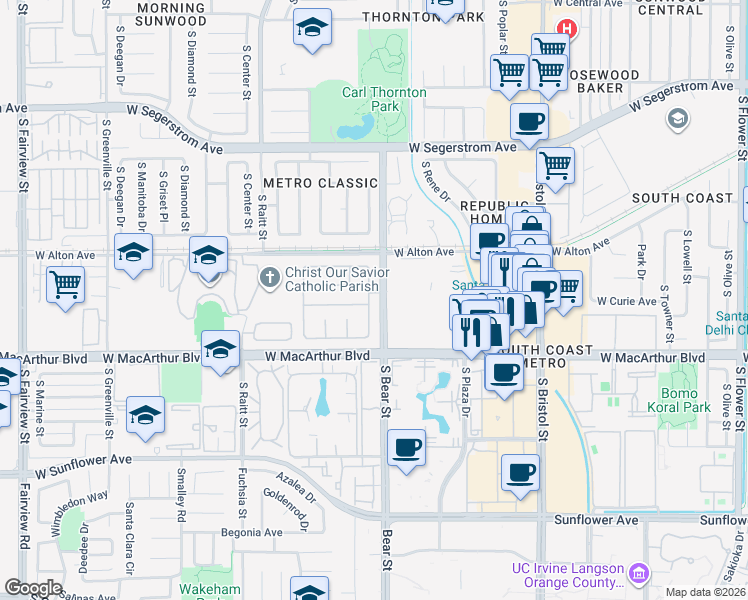 map of restaurants, bars, coffee shops, grocery stores, and more near 3401 South Sheffield Road in Santa Ana