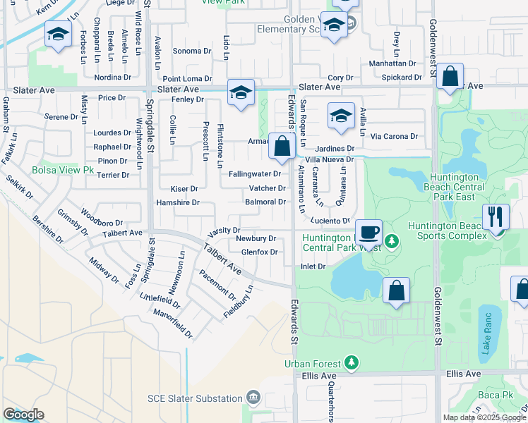 map of restaurants, bars, coffee shops, grocery stores, and more near 17912 Skye Lane in Huntington Beach