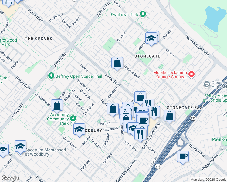 map of restaurants, bars, coffee shops, grocery stores, and more near Groveland in Irvine