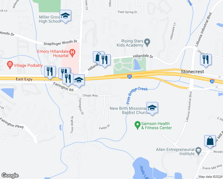 map of restaurants, bars, coffee shops, grocery stores, and more near 5017 Chupp Way Circle in Lithonia